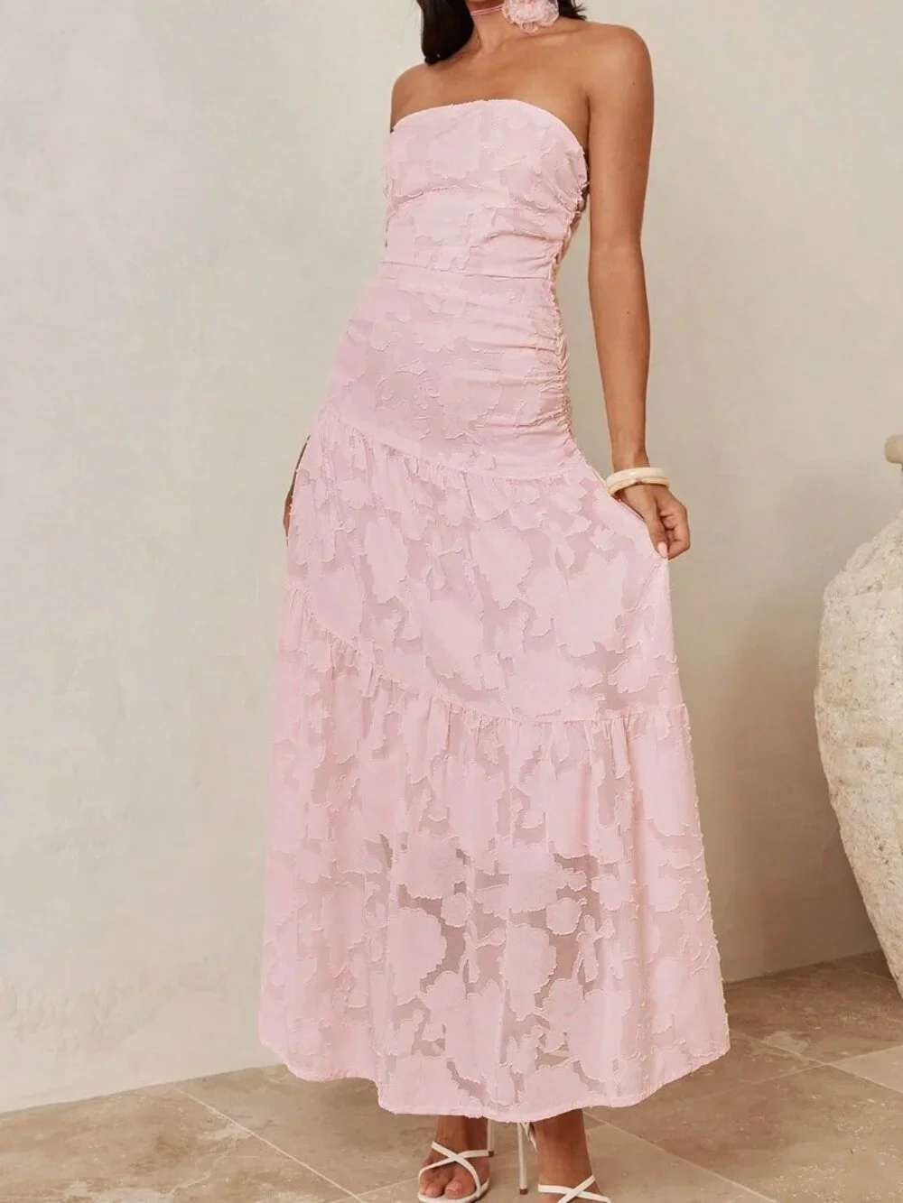 Pink Elegant Women's Romantic Jacquard Maxi Tube Dress - Picture 6 of 9